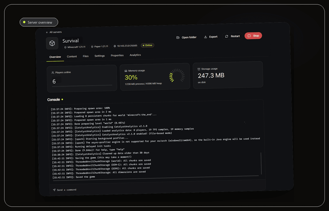 Minecraft server manager overview with console and resource data