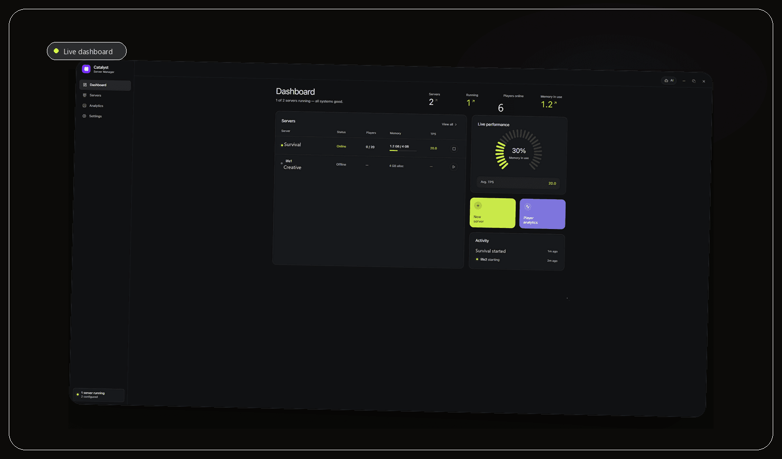 Catalyst dashboard controlling a Minecraft server on Windows