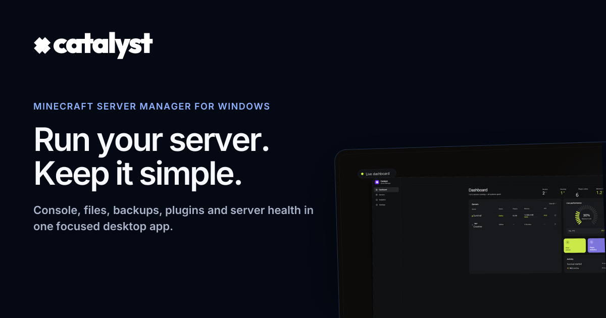 Catalyst unified dashboard showing live TPS, memory usage, player count, console output and server controls